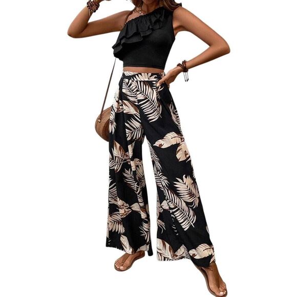 Honey Ruffled One Shouldrr Top & Tropical Palm Print Pants Matching Set Sz Med - Picture 1 of 8